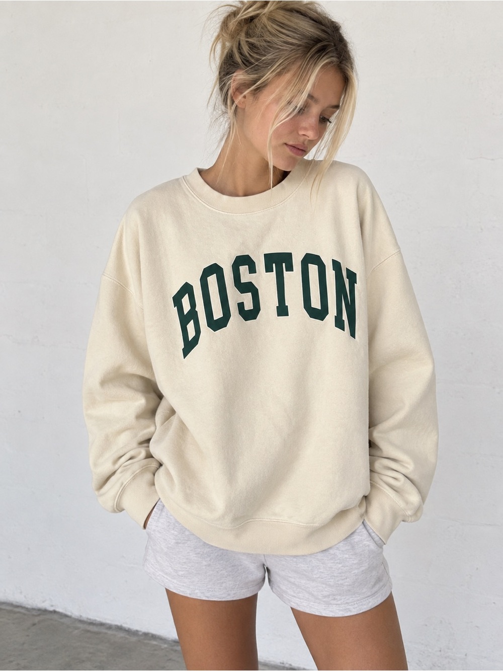 Brandy Melville Cream Crewneck with Dark Green Boston Graphic